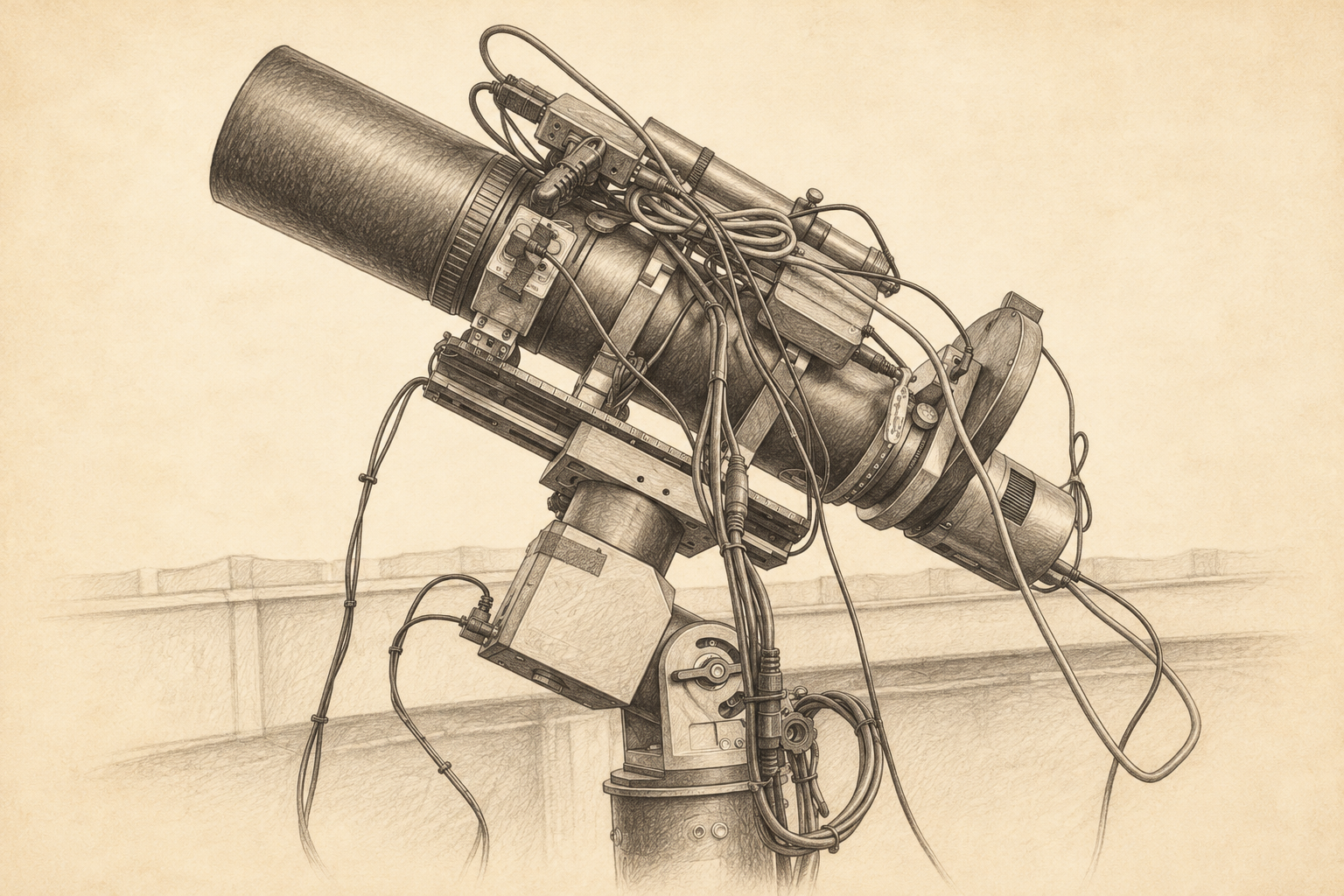 Pencil sketch of my Starfront telescope and equatorial mount, based on my photograph