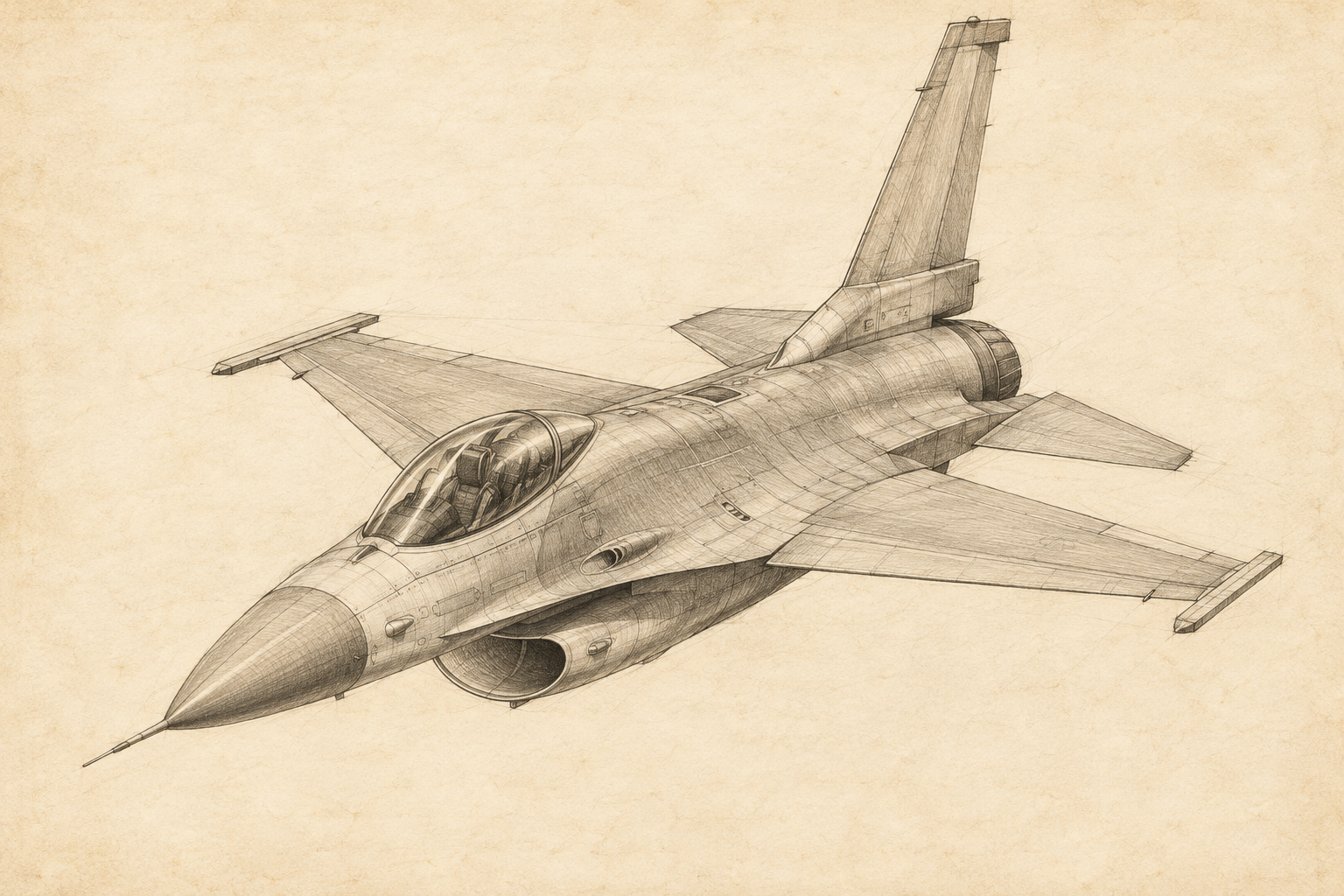 Detailed pencil sketch of an F-16 fighter jet