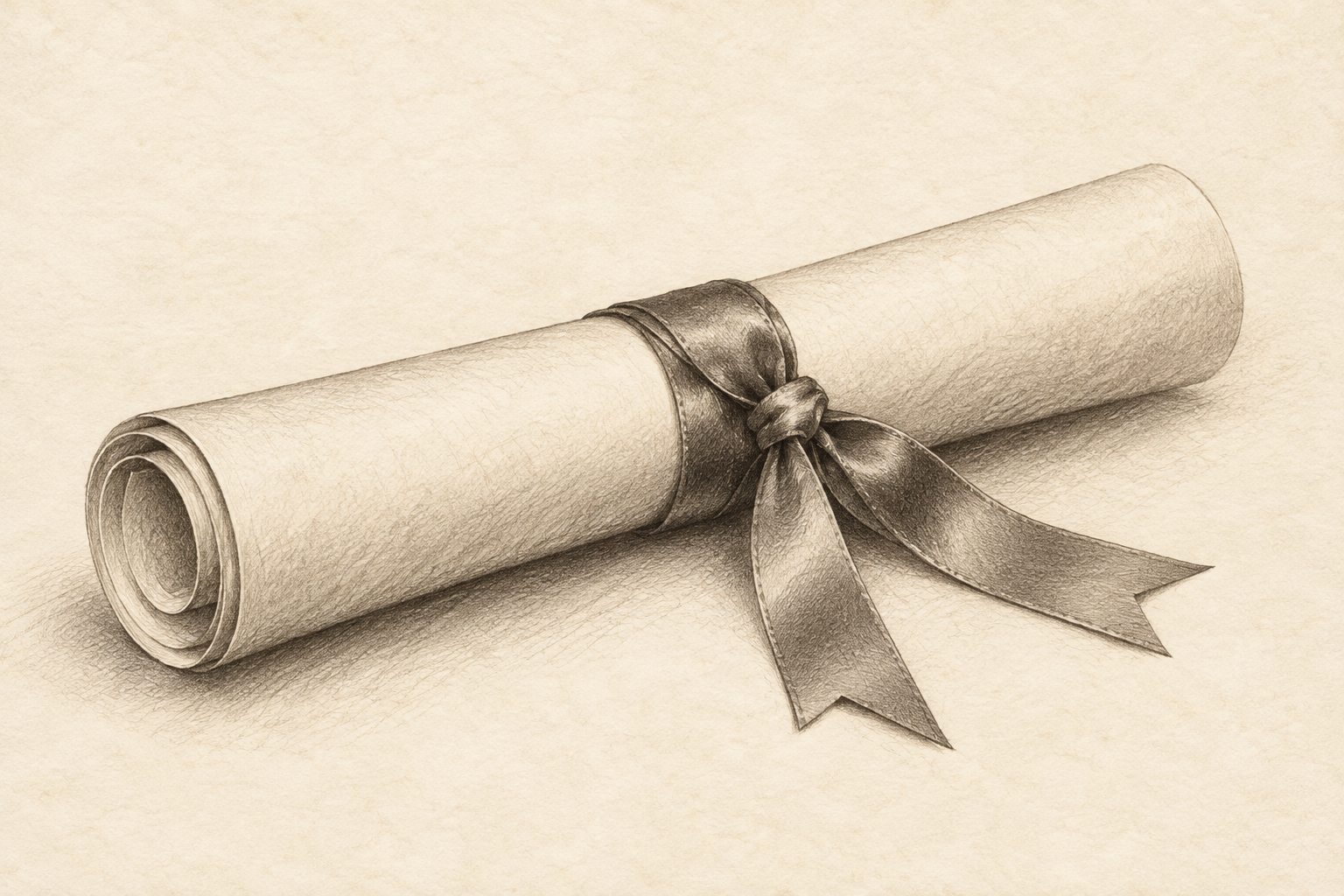 Pencil sketch of a rolled diploma tied with a ribbon