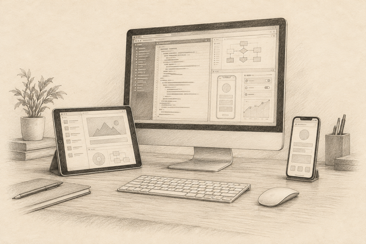 Pencil sketch of an iMac, iPad, and iPhone arranged on a developer’s desk