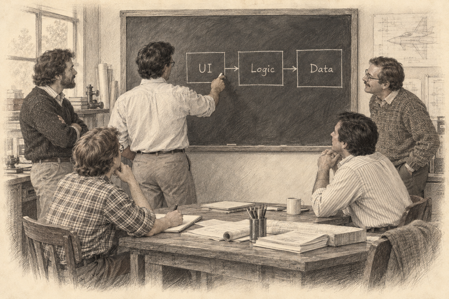 Pencil sketch of a consultant explaining a simple software architecture diagram on a blackboard to several engineers