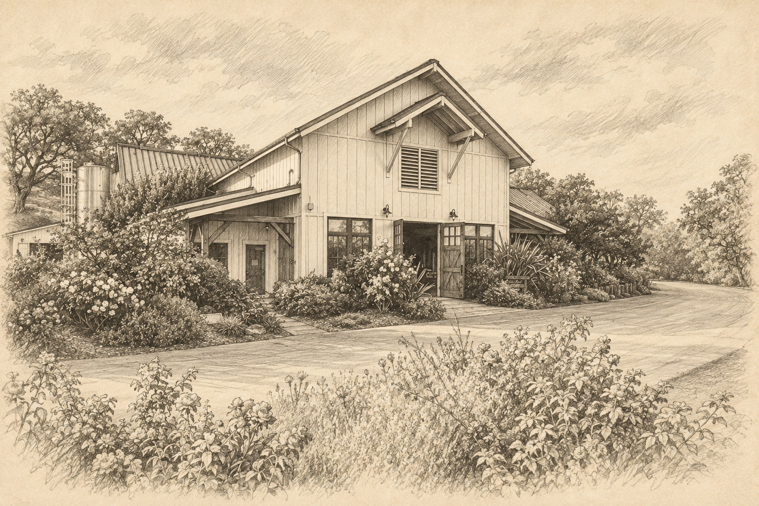 Pencil sketch of the winery from my photograph, showing its gabled facade, gardens, and curved driveway